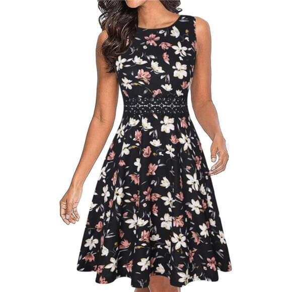 Women's Vintage Floral Lace A-Line Swing Dress - Sleeveless Cocktail Party Dress - Picture 1 of 5